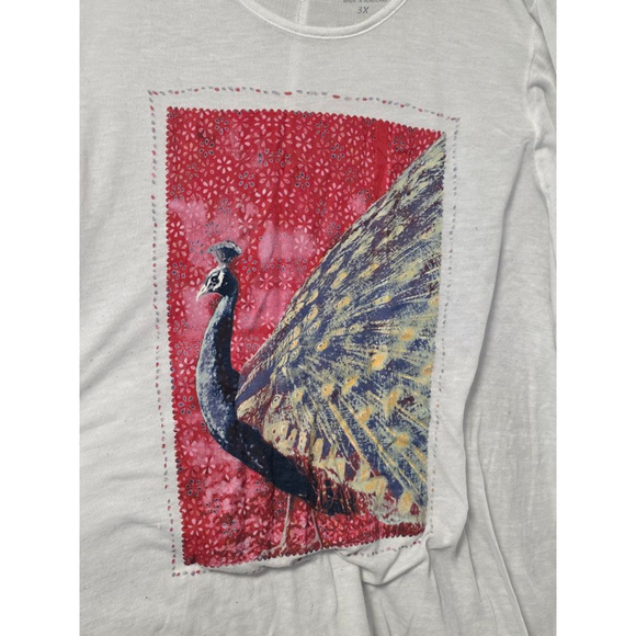 Women's Lucky Brand White Red Peacock Print Sheer‎ Short Sleeve Tee Plus Size 3X - Picture 5 of 9